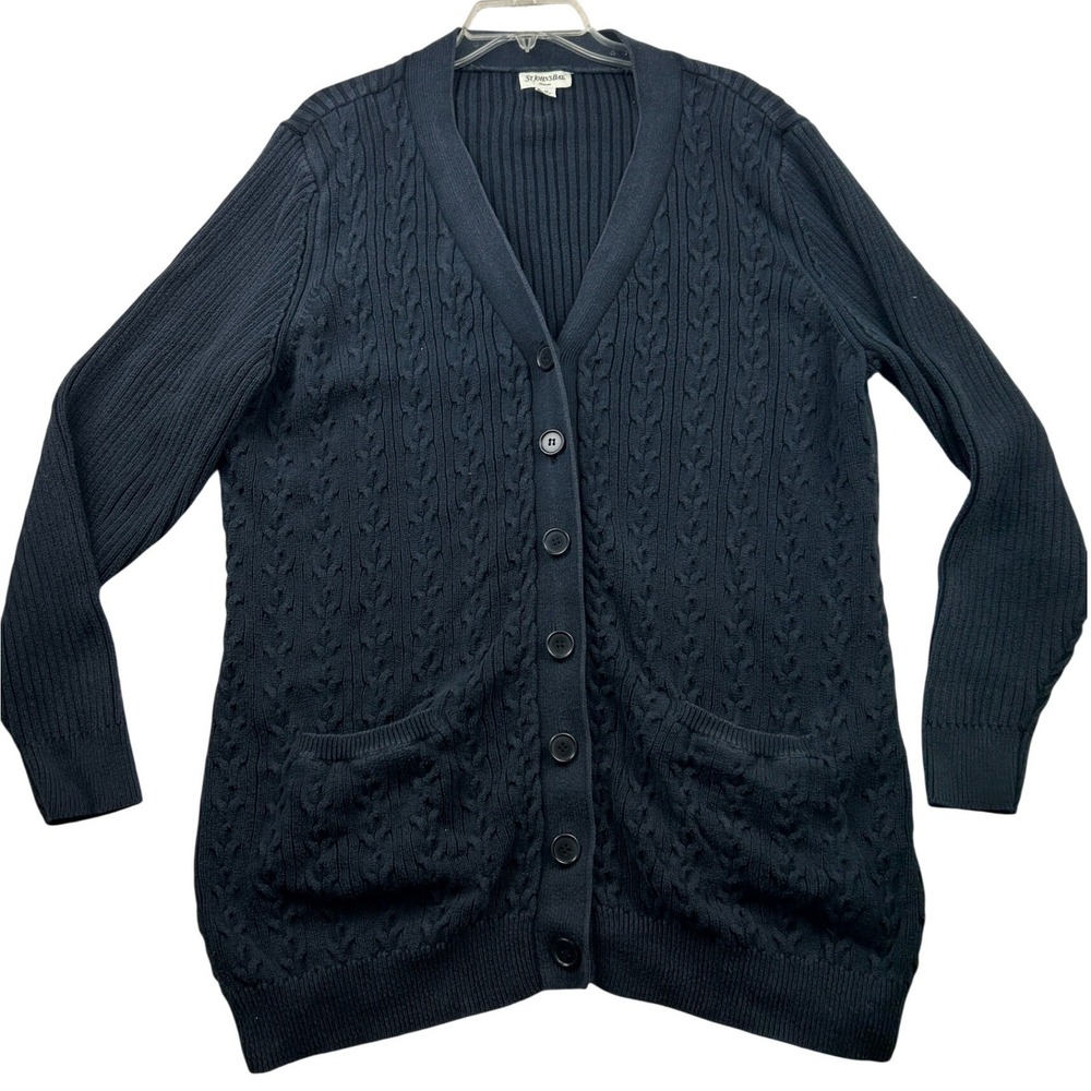 St Johns Bay Womens 2X Navy Cotton Cable Knit V-Neck Cardigan Pockets Grandpa